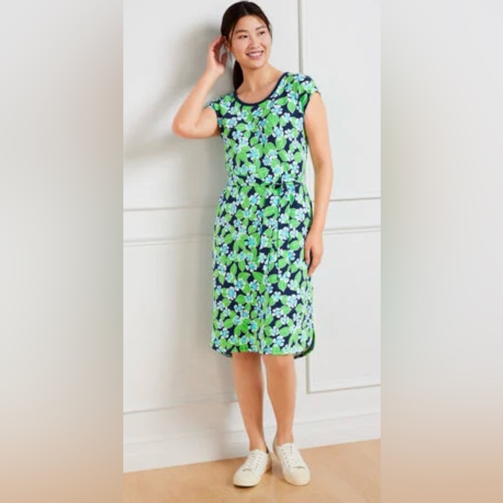 New TALBOTS Floral Fields Open Back Dress UPF 50+ Sun Protection Knit Green Blue